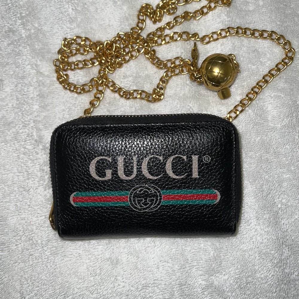 Gucci Vintage Logo Print Black Calfskin Round Zipper Women's Wallet - WOC